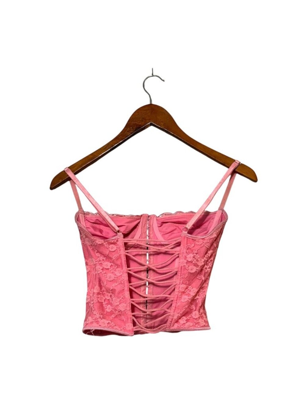 Pink Lace Corset Top With Adjustable Straps & Lace-Up Back Design - Picture 2 of 3